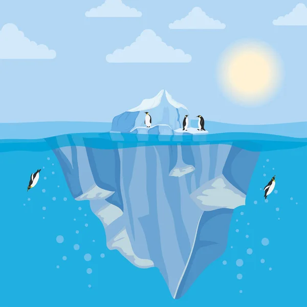 Iceberg block arctic night scene with penguins swiming — Stock Vector