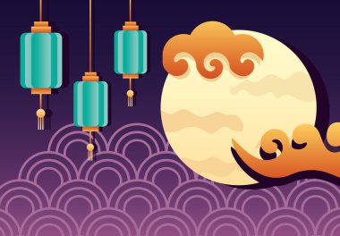 Dolunay ve fenerlerle dolu mutlu sonbahar festivali posteri