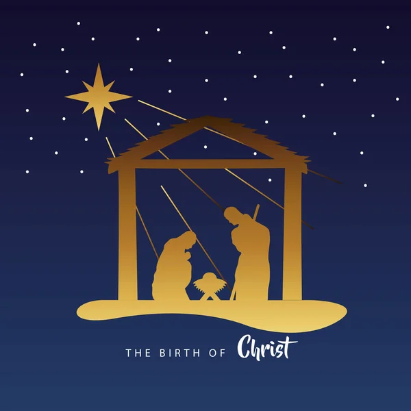 Happy merry christmas manger scene with golden holy family in stable silhouette — Stock Vector