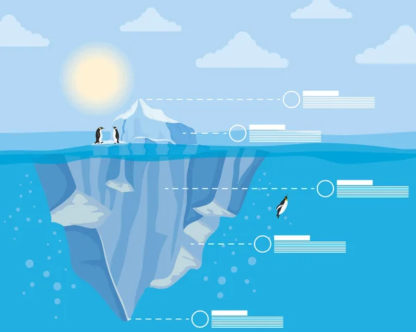 Iceberg bloco arctic noite cena com pinguins nadando e infográficos — Vetor de Stock