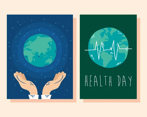 Internationale healt dag poster met aarde planeet en cardiologie puls — Stockvector