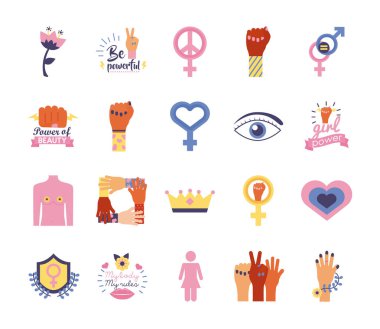 Sarı arkaplanda feminizm düz biçim simgeleri demeti