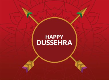 Kırmızı mandala arkaplan vektör dizaynında mutlu dussehra okları çemberi