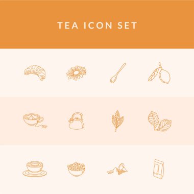 Çay çizgisi biçimi 12 simge vektör tasarımı