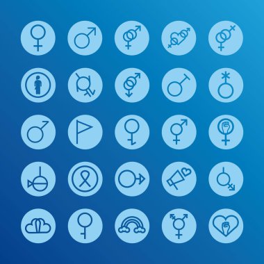 Cinsel yönelim bloğu biçim simgelerinin yirmi beş cinsiyet sembolü demeti