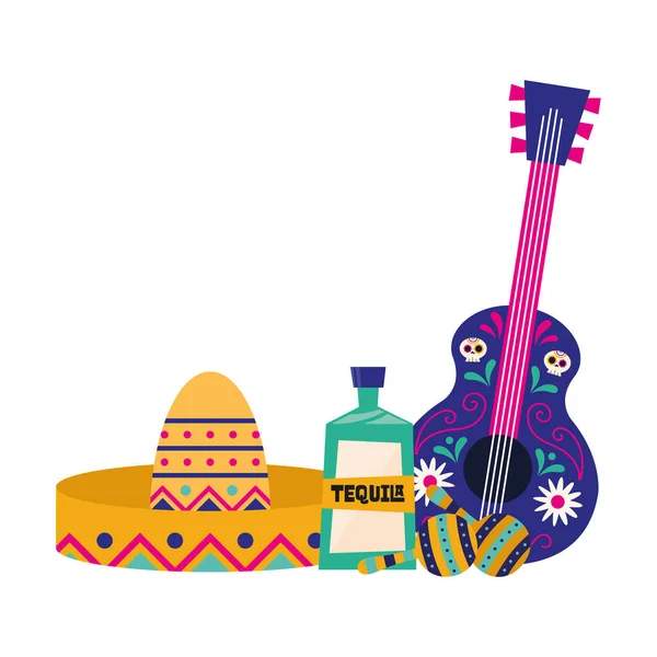 Sombrero de guitarra mexicana tequila y maracas vector de diseño — Vector de stock