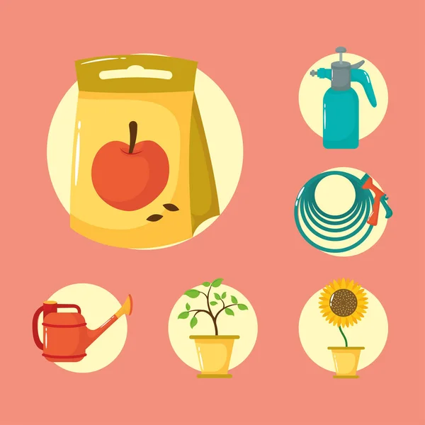 Apple seed bag and gardening flat style icons — Stock Vector