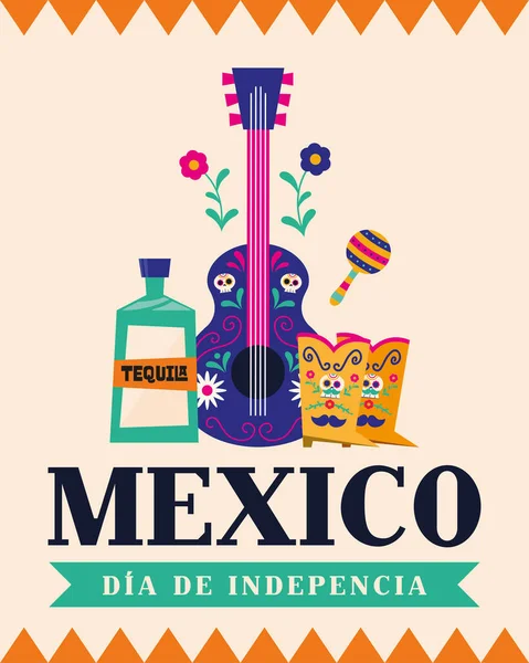 メキシコメディア・デ・ラ・インデペンシアとともにtequilaギターとブーツベクトルデザイン — ストックベクタ