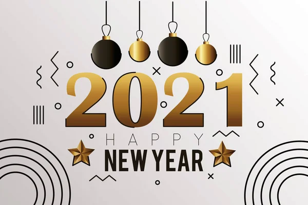 Feliz ano novo 2021 letras douradas com bolas penduradas cartão —  Vetores de Stock