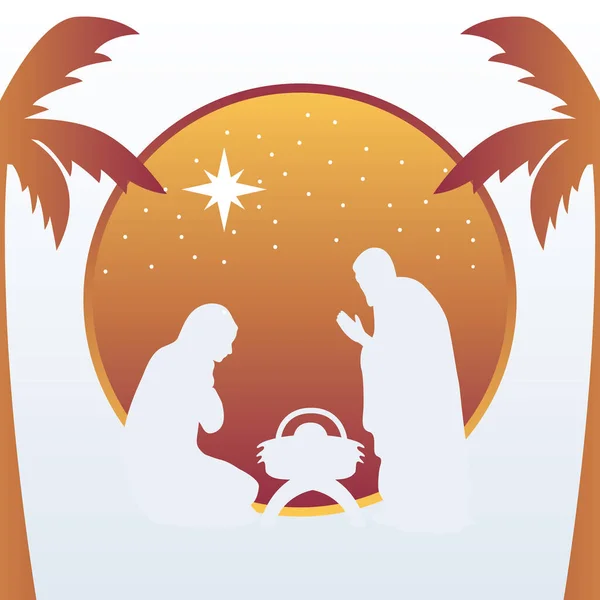 Felice allegra scena presepe di Natale con silhouette santa famiglia — Vettoriale Stock