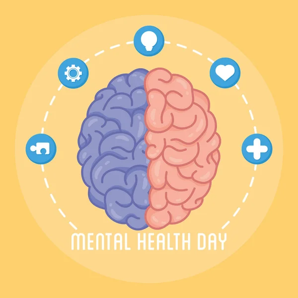 Letras do Dia da Saúde Mental com cérebro humano e ícones definidos ao redor —  Vetores de Stock