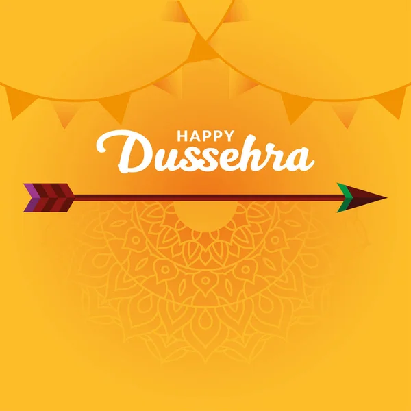 Glad dussehra pil på gul Mandala bakgrund med banner pennants vektor design — Stock vektor