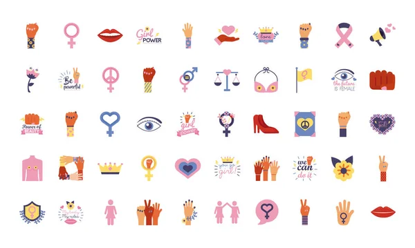 Pacote de cinquenta ícones de estilo plano feminismo —  Vetores de Stock