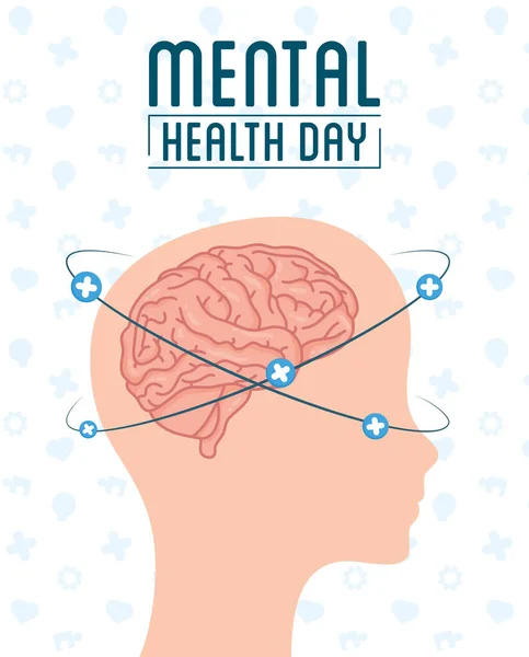 Lettrage Journée de la santé mentale avec profil de tête et cerveau — Image vectorielle