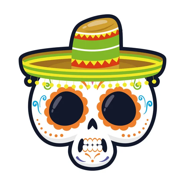 Calavera mexicana tradicional con cabeza de sombrero icono de estilo plano — Vector de stock