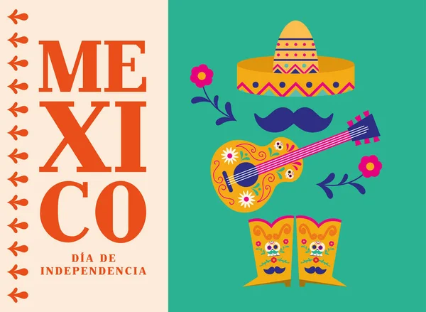 メキシコメディア・デ・ラ・インデペンシアの帽子のギターとブーツのベクトルデザイン — ストックベクタ