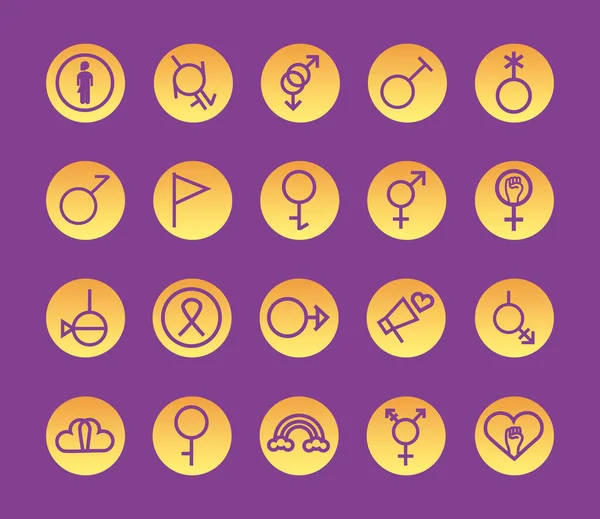 Paquete de veinte símbolos de género de la orientación sexual bloque de iconos de estilo — Vector de stock