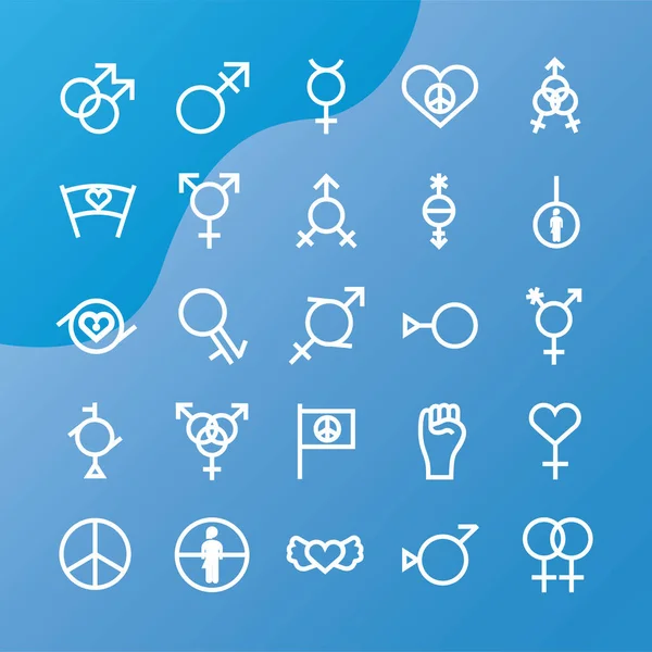 Bundle of twenty five gender symbols of sexual orientation degradient style in blue background — Stock Vector