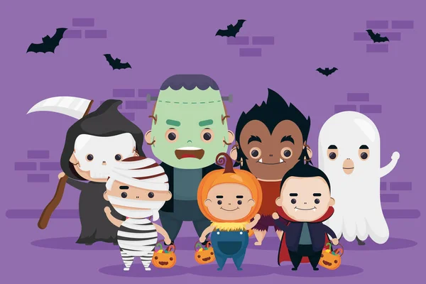 Feliz grupo de Halloween de lindos personajes y murciélagos volando — Archivo Imágenes Vectoriales