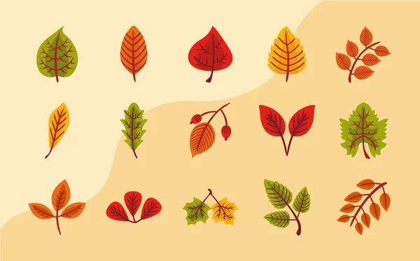 Paquet de quinze feuilles d'automne icônes de style plat — Image vectorielle