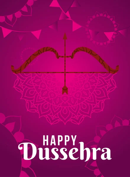 Joyeux dussehra et arc avec flèche sur mandalas rose conception vectorielle de fond — Image vectorielle
