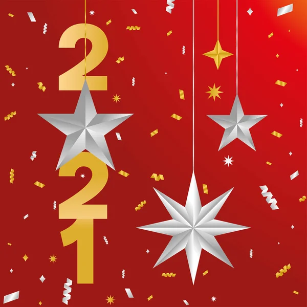 2021 Feliz año nuevo con estrellas colgando diseño de vectores — Vector de stock