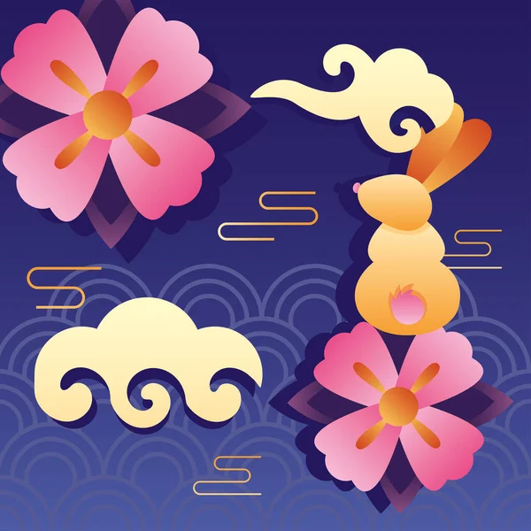 Szczęśliwy połowy jesieni plakat festiwalu z królikiem i kwiaty w chmurach — Wektor stockowy