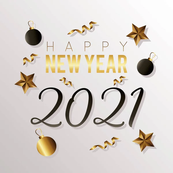 Feliz ano novo 2021 letras com bolas douradas e estrelas —  Vetores de Stock