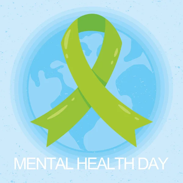 Journée de la santé mentale lettrage avec planète terre et ruban vert campagne — Image vectorielle