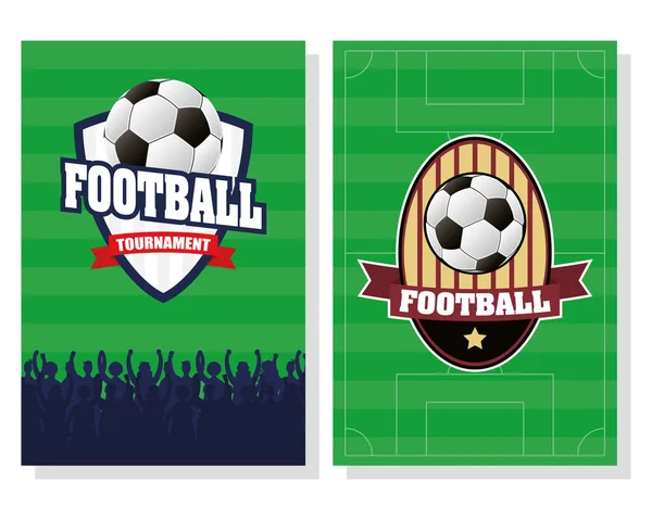 Fútbol fútbol deporte cartel con escudos — Vector de stock