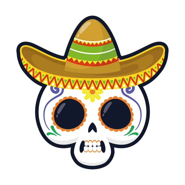 Cabeza de cráneo mexicano tradicional con sombrero maricahi icono de estilo plano — Vector de stock