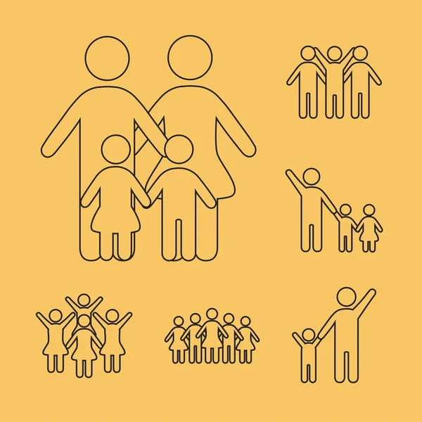 Pakiet postaci społecznych i rodzinnych w żółtym tle linii stylu ikony — Wektor stockowy