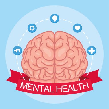 Zihin Sağlığı Günü yazılı yazı ve kurdele çerçevesinde simgeler