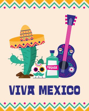 Viva Mexico kaktüs kafatası tekila ve gitar vektör tasarımı