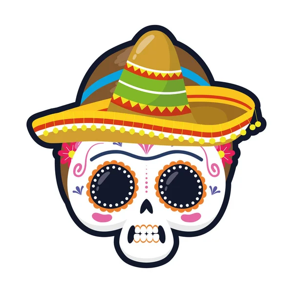Cabeza de cráneo de mujer mexicana tradicional con sombrero de mariachi icono de estilo plano — Vector de stock
