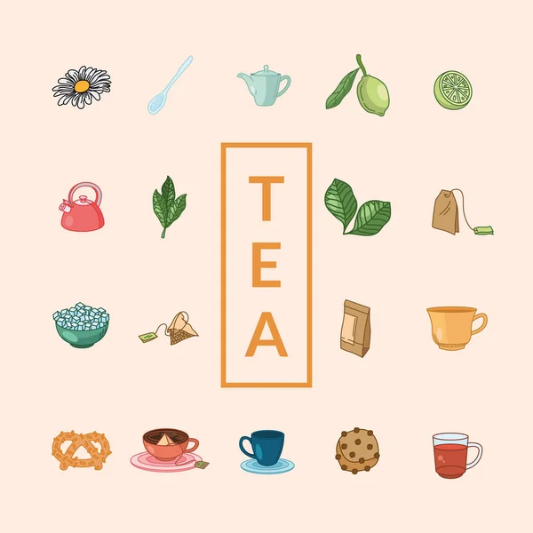 Línea de té y relleno estilo icono colección vector diseño — Vector de stock