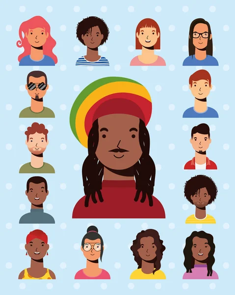 Αφρο-εθνοτικός άνδρας με τζαμαϊκανό καπέλο και διαφυλετικούς ανθρώπους — Διανυσματικό Αρχείο