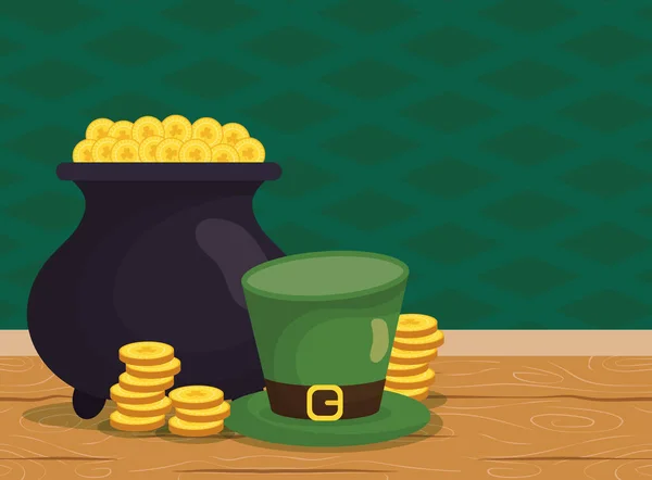 Ξωτικό καζάνι θησαυρού με κέρματα και καπέλο — Διανυσματικό Αρχείο