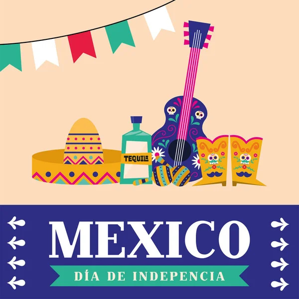 Meksyk dia de la independencia z kapeluszem tequila gitara i buty wektor projekt — Wektor stockowy