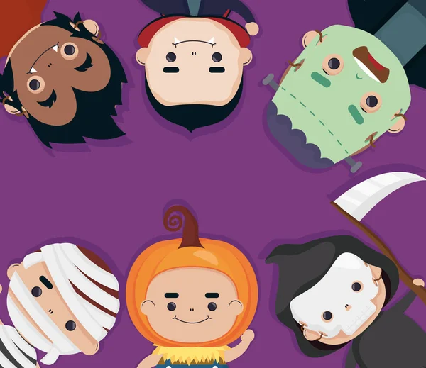 Fröhliche halloween Gruppe von niedlichen Charakteren herum — Stockvektor
