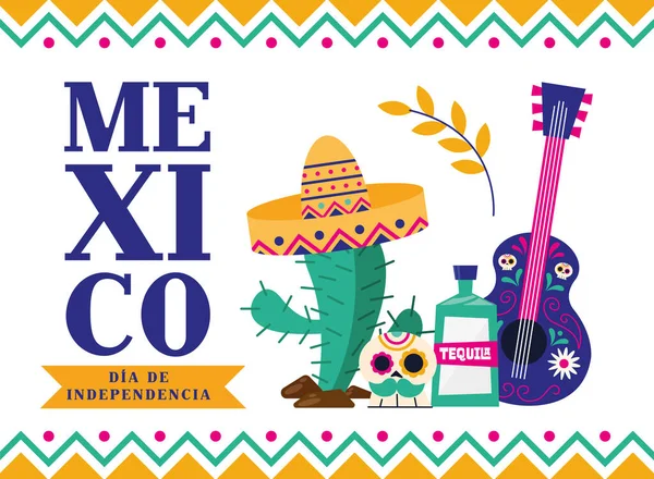 メキシコメディア・デ・ラ・インデペンシアとともにサボテン頭蓋骨tequilaとギターベクトルデザイン — ストックベクタ