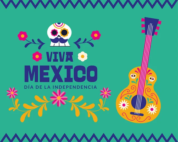 Viva mexico dia de la independencia z konstrukcją wektora gitary i czaszki — Wektor stockowy