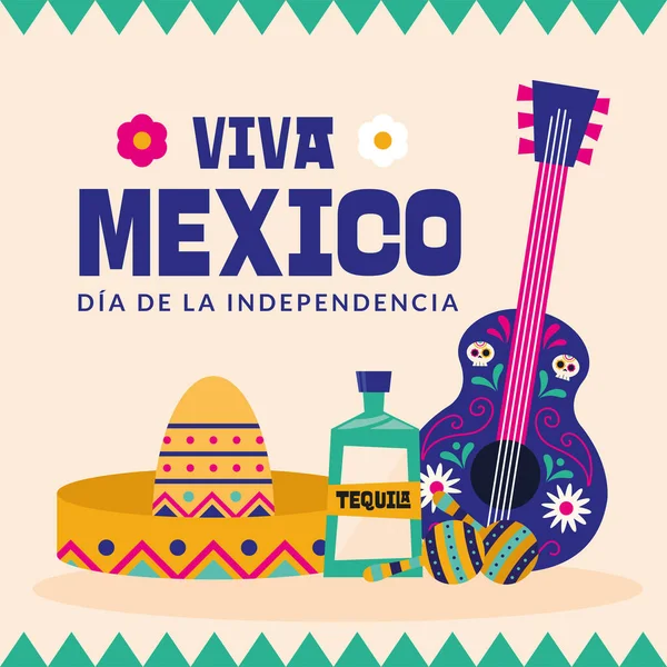 Viva mexico dia de la independencia z kapeluszem tequila i gitara wektor projektu — Wektor stockowy