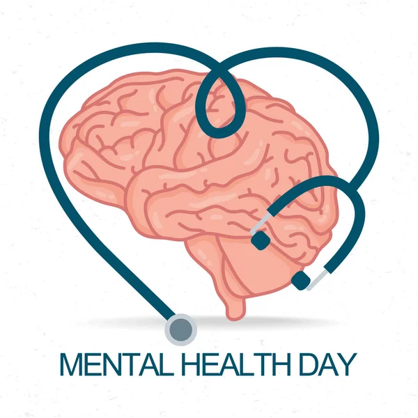Lettrage Journée de la santé mentale avec cerveau et stéthoscope — Image vectorielle