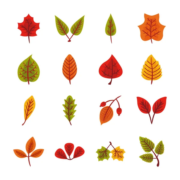 Faisceau de feuilles d'automne style plat en arrière-plan vert — Image vectorielle