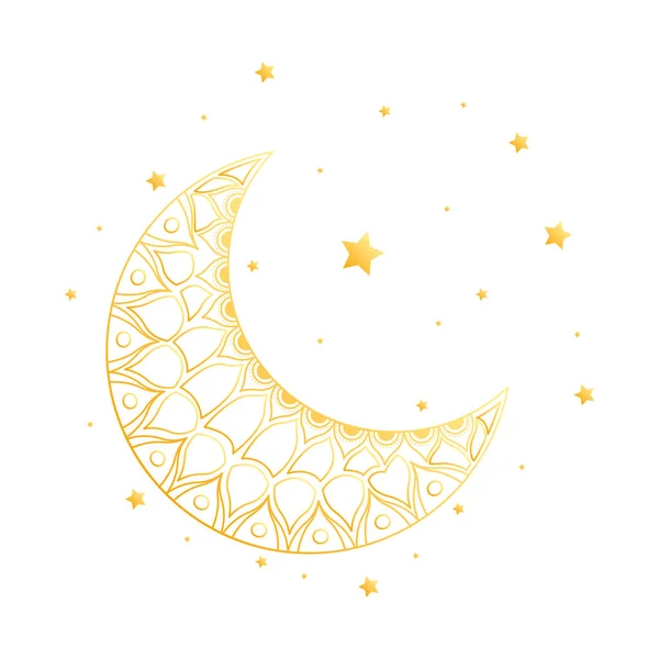 Golden crescent moon and stars — Stock Vector