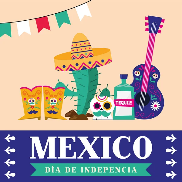 メキシコメディア・デ・ラ・インデペンシアとともにブーツサボテン頭蓋骨tequilaとギターベクトルデザイン — ストックベクタ