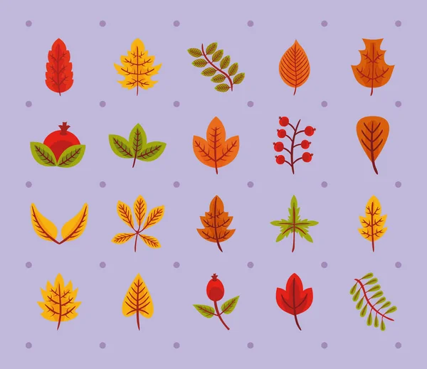 Paquete de veinte hojas de otoño iconos de estilo plano — Archivo Imágenes Vectoriales