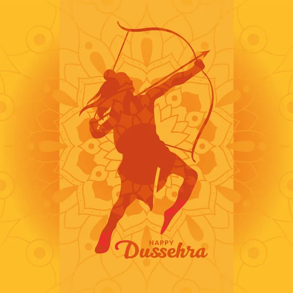 Happy dussehra and lord ram with bow and arrow orange silhouette vector design — Stock Vector