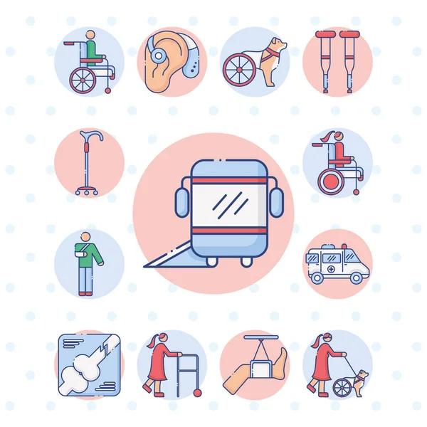 Arrêt de bus avec rampe et paquet de handicaps mis icônes — Image vectorielle